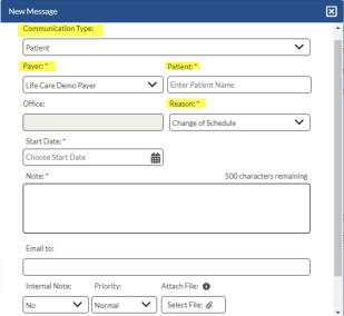 In the New Message window, fields display to define the new message, such as the communication type, payer, patient, and reason for the message.